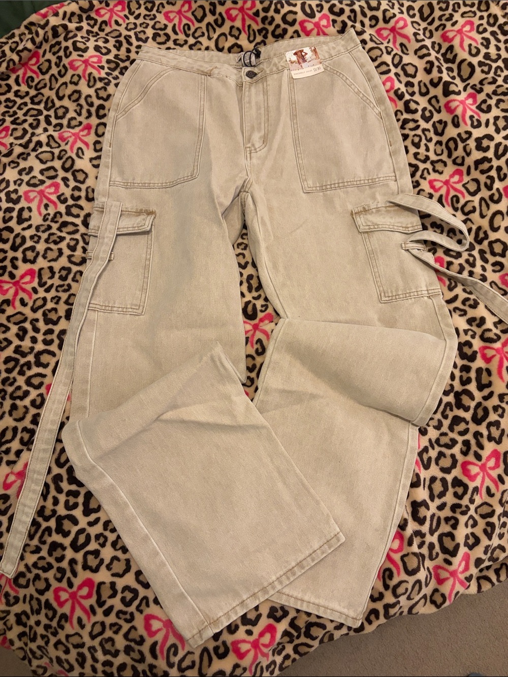 Sincerly Jules Light Beige Boyfriend Cargo Jeans with Utility Straps